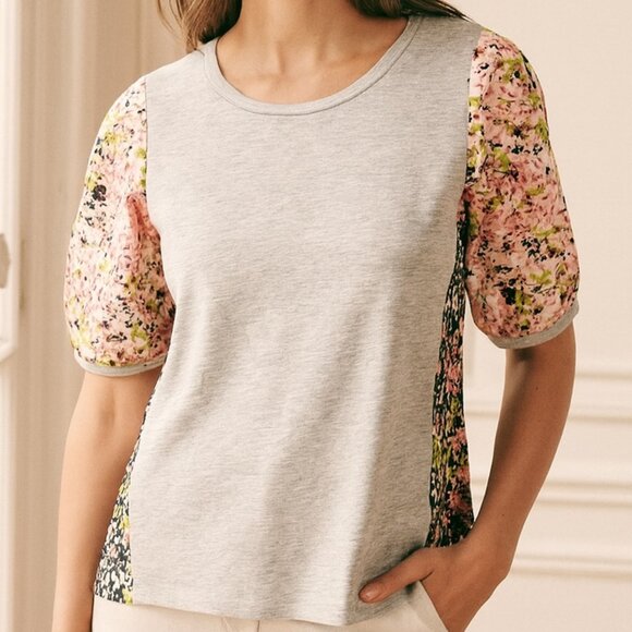 Maeve Gray Floral Mixed Media Puff Sleeve Suzanne Top Medium - Picture 1 of 10